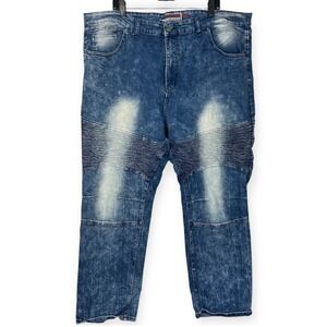 GS-115 Moto Jeans Mens 48x33 Blue Excellent Acid Wash Biker Ribbed Panel Stretch